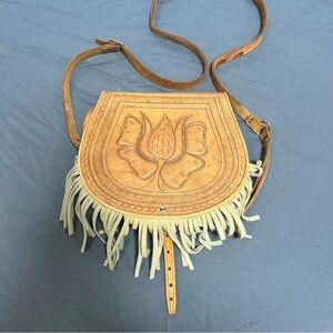 VTG Leather Hand-Tooled Floral Fringe Boho Western Handbag 1960-70s